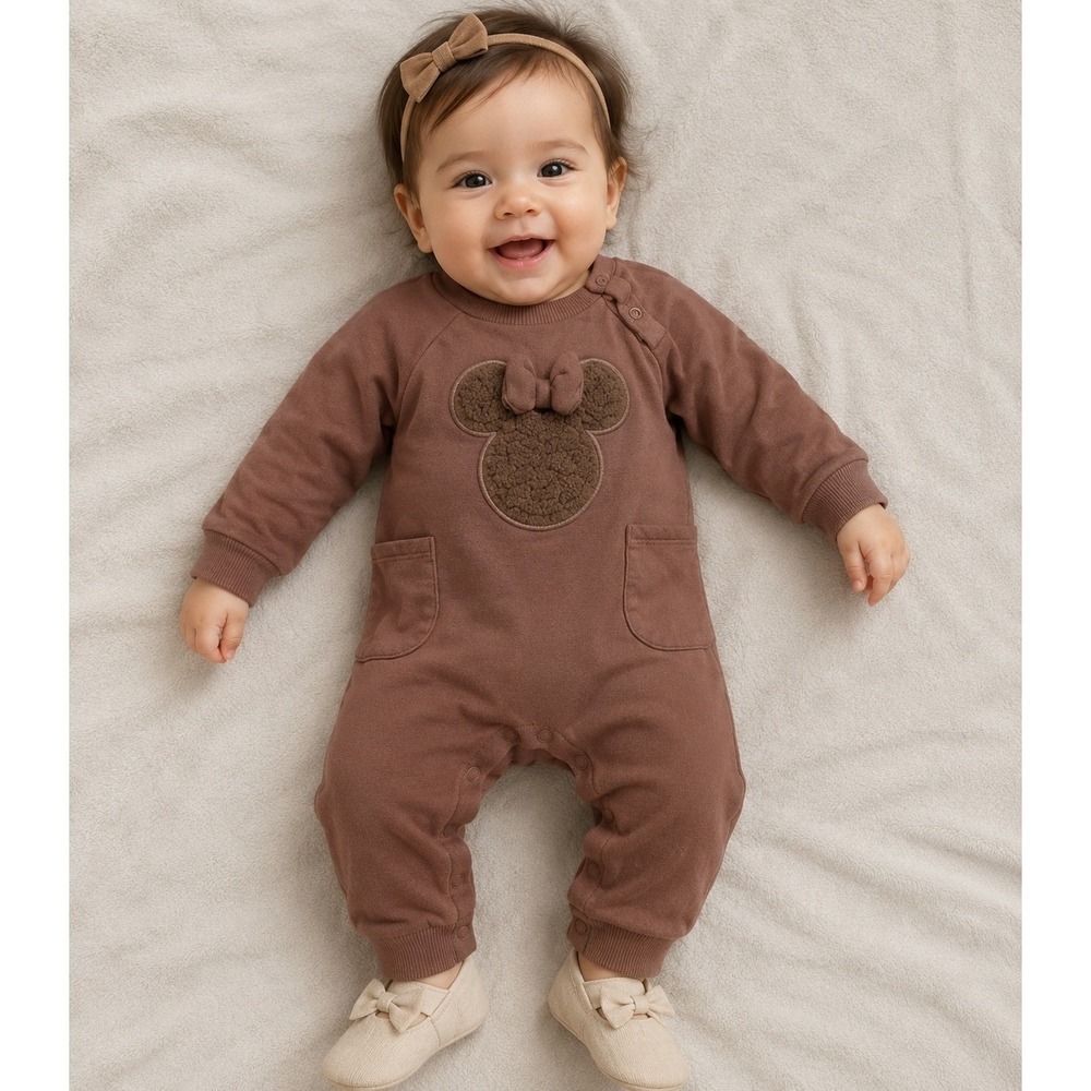 Disney Baby | Minnie Mouse Romper | Girls |‎ 12M | Brown | Sherpa Bow One Piece